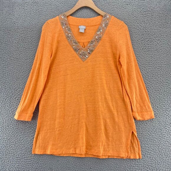 Chicos Top Womens 0 US Small Orange Linen Embellished Pullover Tunic 3/4 Sleeve - Picture 1 of 9